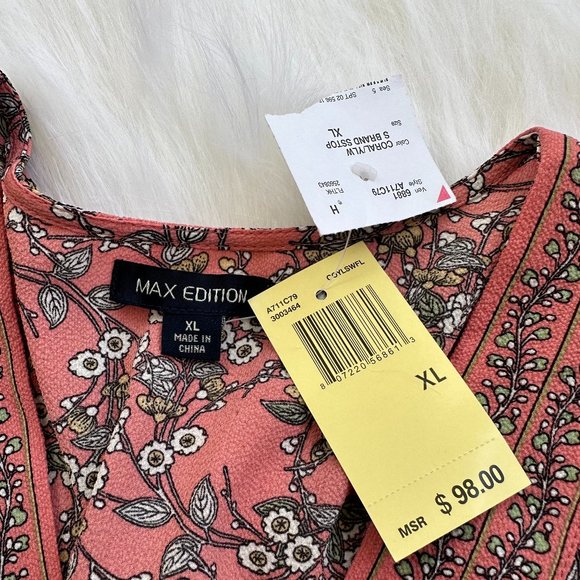 Max Edition Top Shirt Smocked Long Sleeve Size XL Pink Floral Boho #A71179 NWT - Picture 2 of 9